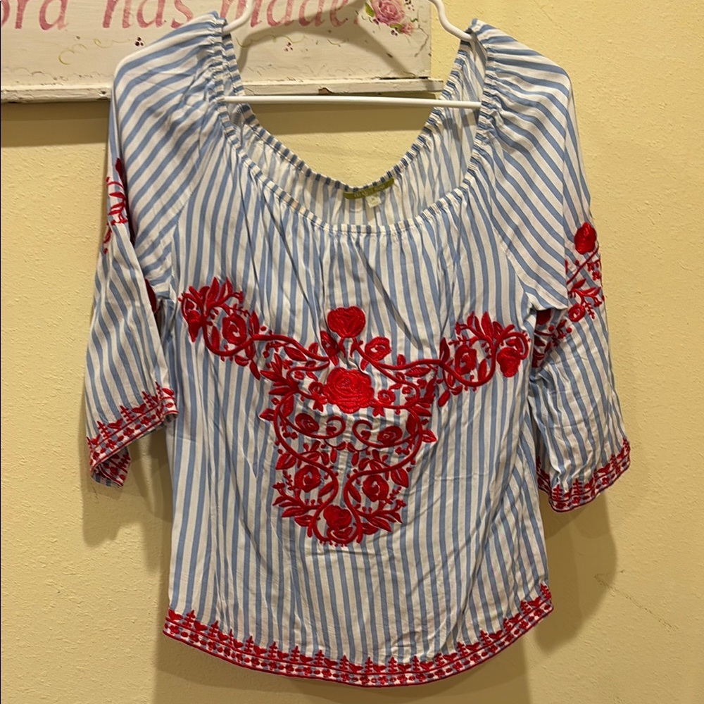 Striped Blue and Red Embroidered Women's Top